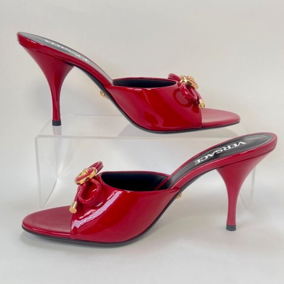 Versace Opera Bow Slides Women Red Leather Heels Medusa Sandals Size 38.5 US8.5 - Picture 3 of 12
